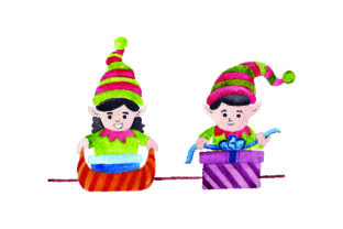 Elves Wrapping Presents Watercolor for Christmas Crafts